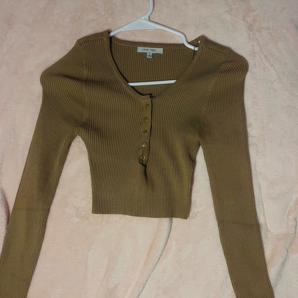Brown Ribbed Long Sleeve Crop Top